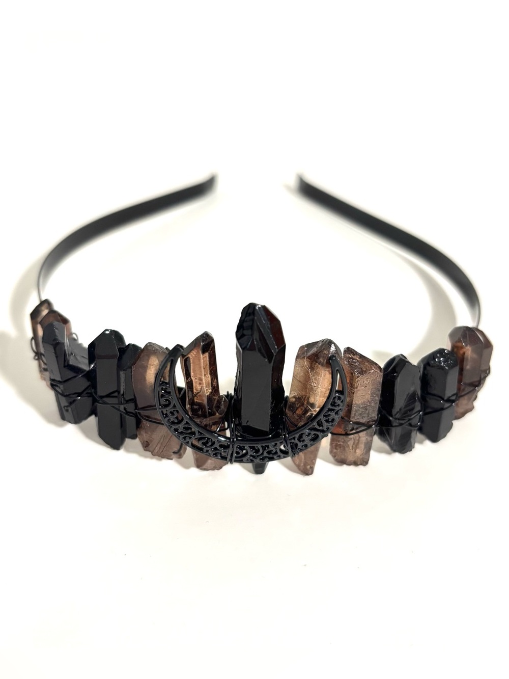 BROWN & BLACK HANDMADE NATURAL CRYSTAL CROWN HEADBAND FESTIVAL WITCH GOTH